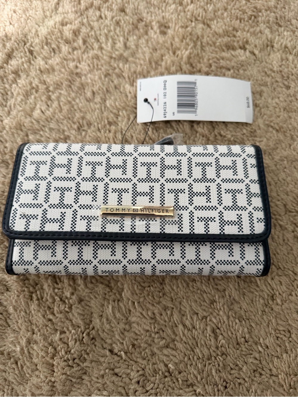 Tommy Hilfiger White & Navy Monogram Continental Wallet with Gold Plaque